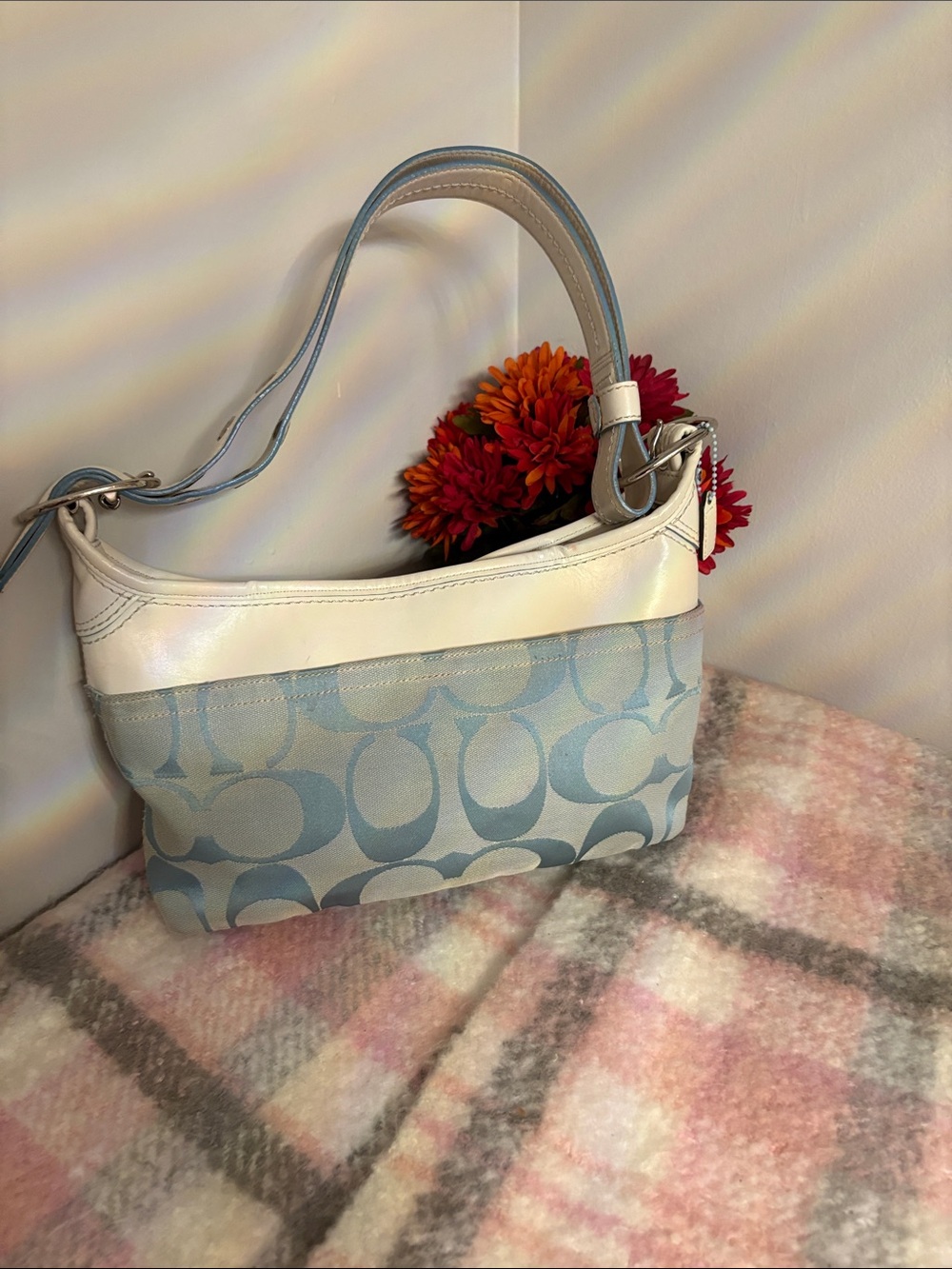 Coach white and baby blue signature jacquard shoulder bag